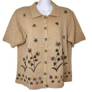 Koret Embroidered Cardigan Sweater Autumn Floral Short Sleeves Mustard Yellow